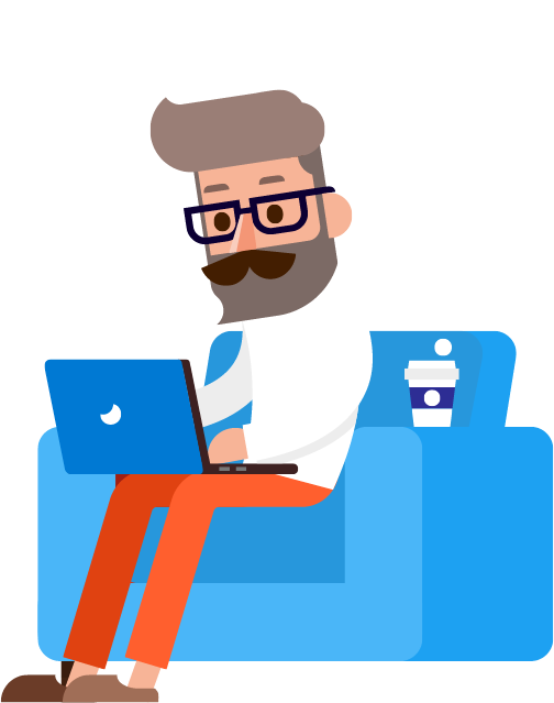 cartoon man working on laptop